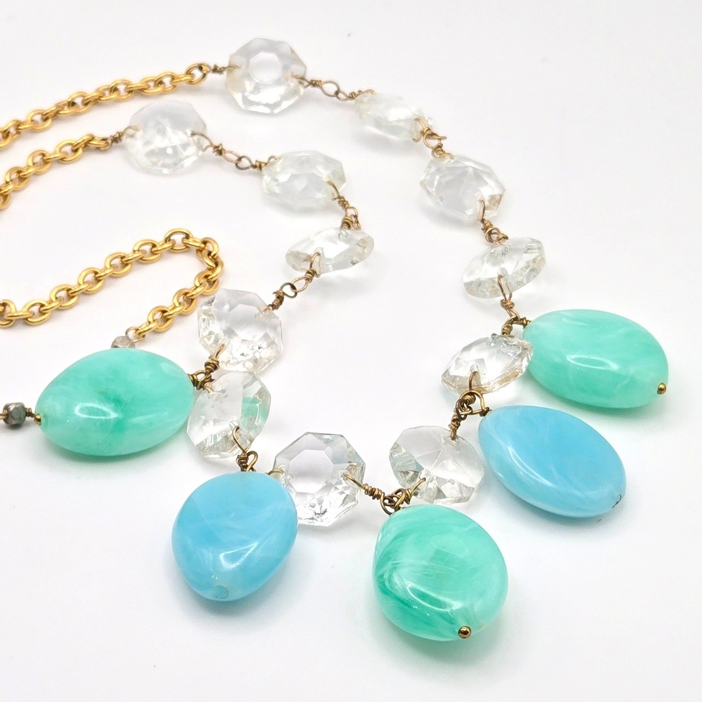 14K GP Beaded Necklace Clear‎ Crystal Aqua Blue Acrylic Gemstone Beads